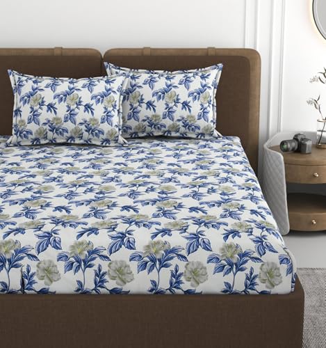 Image of VOMZER 320 TC Cotton Feel All Around Elastic Fitted Bedsheets King Size, Premium Fitted Bedsheets King Size for Double Bed with 2 Pillow Covers, Size- 78 inch x 72 inch