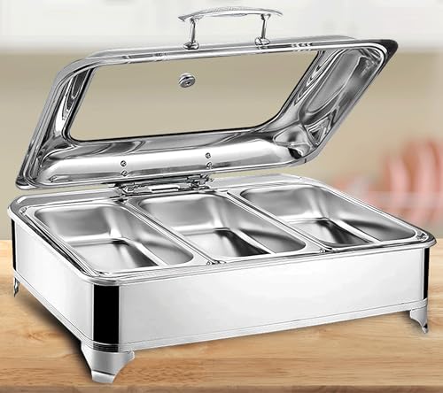 Chafing Dish Elektrisch für Partys und Buffets, 9L Edelstahl Speisenwärmer Warmhaltebehälter, Buffetwärmer mit Sichtbarem Glasdeckel, 30-85° Temperatur Regelbar(Size:GN1/3)