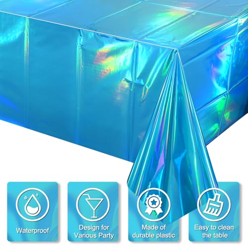 Image of 3 Pack Blue Plastic Tablecloth, Disposable Rectangle Table Covers, Holographic Metallic Foil Tablecloth Light Blue Party Supplies Decorations for Birthday Graduation Ocean Under the Sea, 54x108Inch