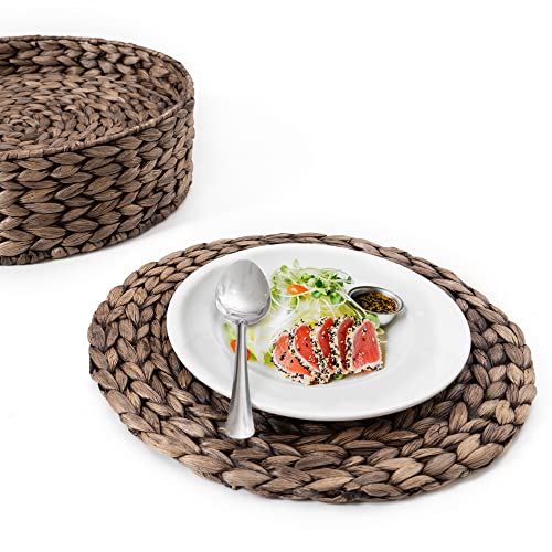 Barien 12 Inches Woven Placemats Round Set Of 6 With Decorative Round Holder, Natural Water Hyacinth Weave Placemat For Dining Table, Large Handmade Woven Placemats Heat Resistant Non-Slip (Black) #TOP3