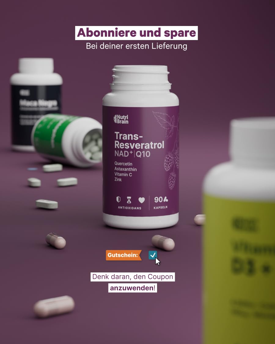 Trans-Resveratrol, NAD⁺, Coenzym Q10, Quercetin, Astaxanthin, Vitamin C & Zink | Antioxidativ, Anti-Aging & Immunsystem | 90 Kapseln | Hochdosiert | Mit 7 synergetischen Wirkstoffen | 3 Monats-Vorrat