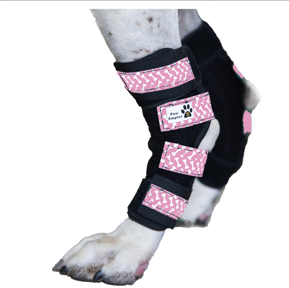 Pair of Dog Leg Braces, Ultra Supportive, Comfortable, Dual Metal Springs, Canine Hock Brace for Joint Arthritis, Assists Injury &amp; Sprains (Pink Dog Bone, Large)