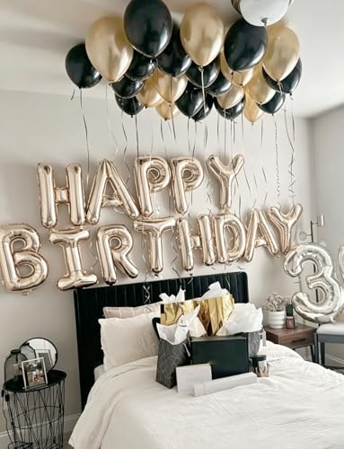 Image of Champagne Gold Happy Birthday Balloon Banner, 16-Inch Foil Letter Balloons, Elegant Birthday Decorations for Women Girls, Adult Birthday Party Photo Backdrop