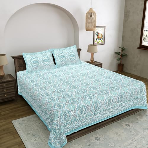 Image of Living Roots Jaipuri Hand Block Print Double Cotton Bedsheet & 2 Pillow Covers, for Mattress Upto 8 inches Thick, No Colour Bleeding, Blue Colour, Super King Size 96 * 104 inches, 150TC (579-C)