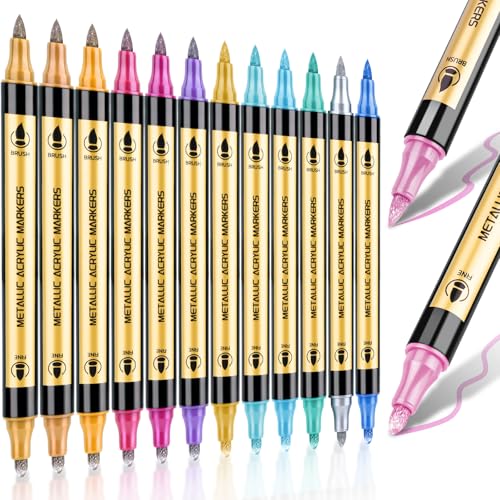 DUULEMANG Metallic Marker Pens 12 Colors Dual Tip Metallic Acrylic Paint Markers for for Black Paper Rock Fabric Glass Wood Acrylic Paint Pens Markers Set for Coloring Books for Adults