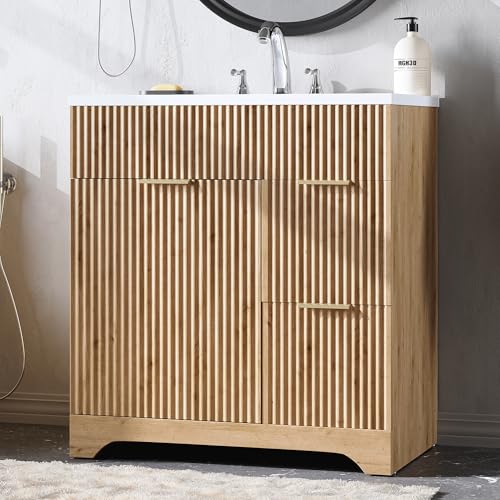 LINLUX 31” Bathroom Vanity with Ceramic Sink, Fluted Wood Storage
