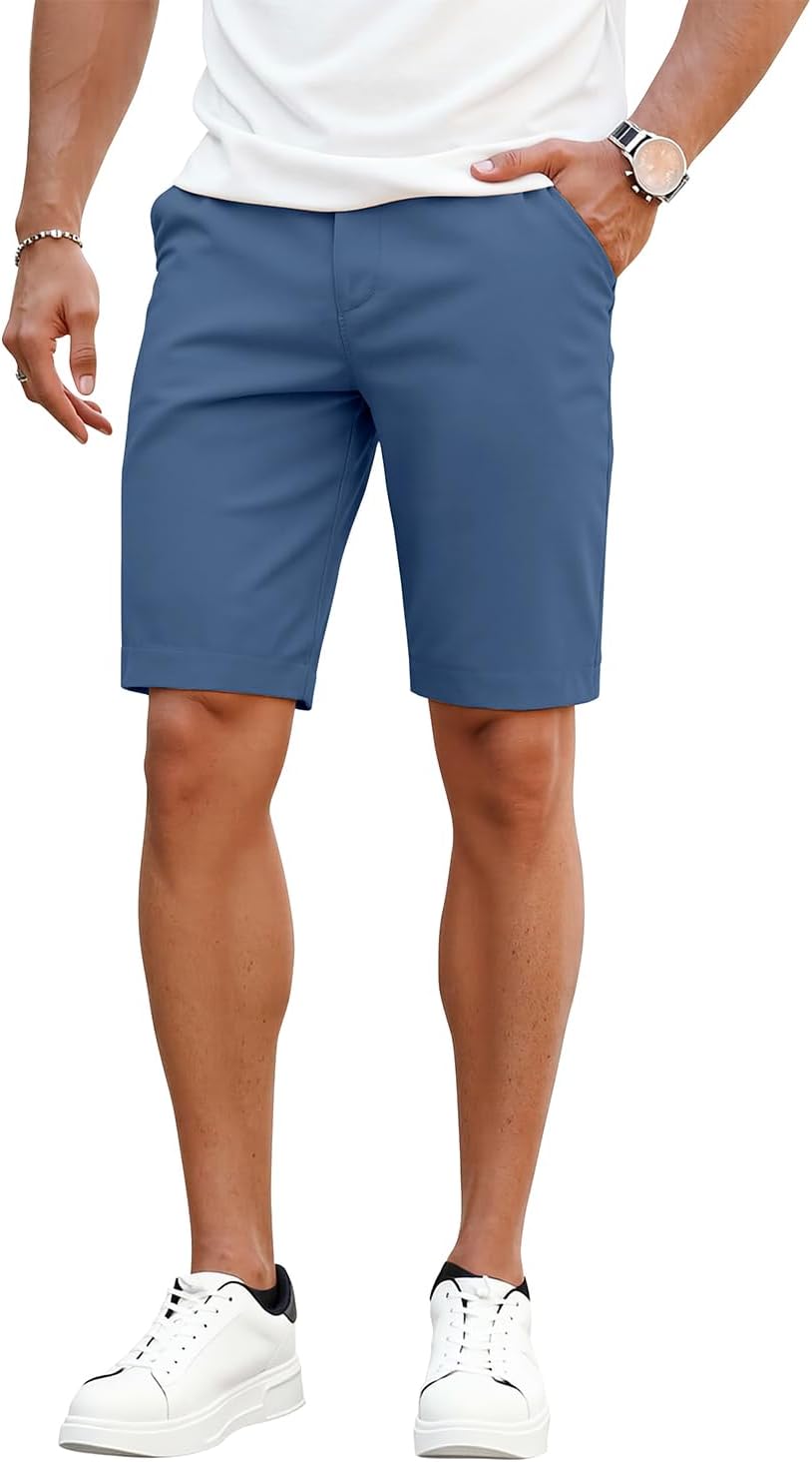 GINGTTO Mens Slim Fit 9" Inseam Flat-Front Shorts Chinos Elastic Waist (30, Dark Blue)