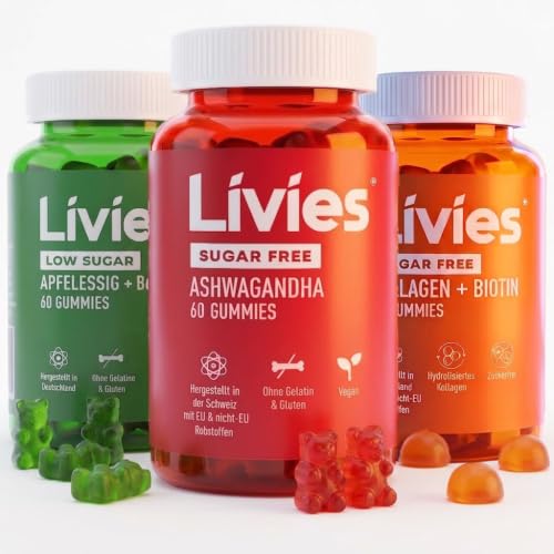 Livies Wellness Trio - Ashwagandha Apfelessig Kollagen | 180 Stück | Low Sugar | Made in Swiss & Germany | Kein GVO Gluten-Frei Gummy. (3 Flaschen)