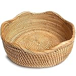 HITOMEN Handmade Rattan Bread Baskets Round Wicker Fruit Serving Storage Bowls, Natural Woven Decorative Kitchen Counter Organizing (Honey Brown) M-10.2''