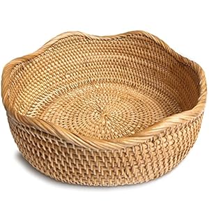 HITOMEN Handmade Rattan Bread Baskets Round Wicker Fruit Serving Storage Bowls, Natural Woven Decorative Kitchen Counter Organizing (Honey Brown) M-10.2”