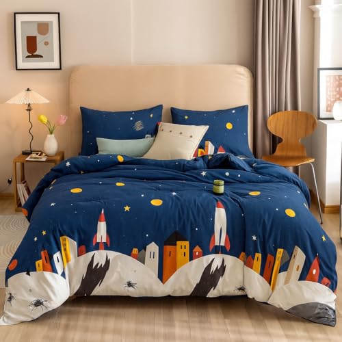 Image of Anjali Overseas 200 GSM 400 TC Kids Glace Cotton Reversible Cartoon Printed Double Bed King Size Comforter with Matching Bedsheet 90 * 100 with 2 Pillow Covers Set of 4 Pieces. Multi C