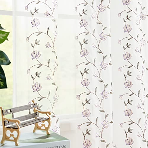 jinchan Sheer Curtains for Living Room Bedroom 84 Inches Long Boho Curtains Blue Embroidered Bordered Set Bohemian Farmhouse Voile Drapes Rod Pocket 2 Panels Blue on White 55"W x 84"L (Pack