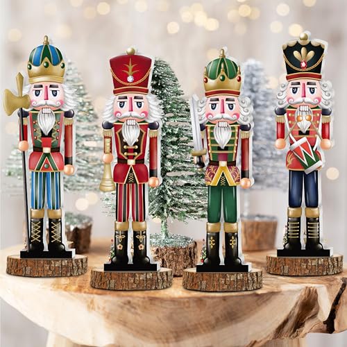 JOPHMO Christmas Wooden Nutcracker Table Centerpieces Tabletop Wood Decorations Tiered Tray Ornaments 4Pcs Indoor Farmhouse Rustic Home Shelf Display (Xmas-Nutcracker-4p)