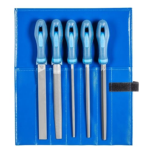PFERD TOOLS Werkstattfeilen-Set in PVC-Rolltasche, 5 Feilen, Kreuzhieb 3, 200mm - für die Feinbearbeitung und zum Schlichten