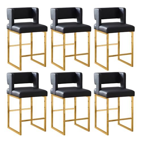 Image of 26 inch H PU Leather Bar Stools Set of 6, Counter Height Bar Seats with Square Back, Modern Upholstered Armless Barstools with Metal Gold Legs for Kitchen Island Dining Room Bar, Black