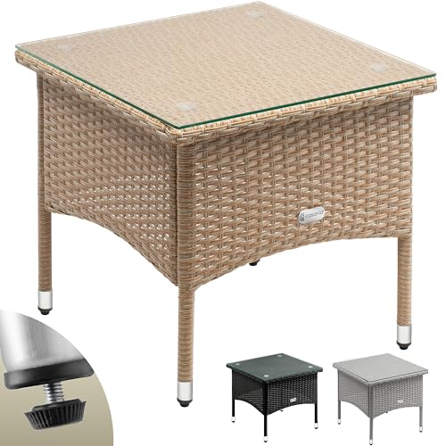 Casaria® Table d'appoint en polyrotin crème 50x50x45cm Table Basse de Jardin carrée avec Plaque en Verre Petite Table extérieur