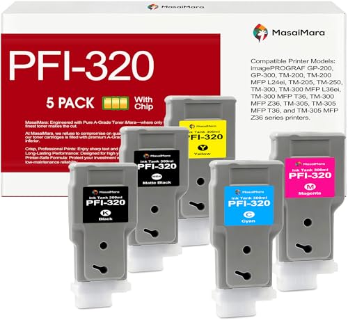 MasaiMara PFI-320 PFI320 5-Pack 300ml Ink Cartridge Compatible for Canon imagePROGRAF GP-200, GP-300, TM-200, TM-205, TM-300, TM-305, TM-250, TM-255, TM-350, TM-355 Printers