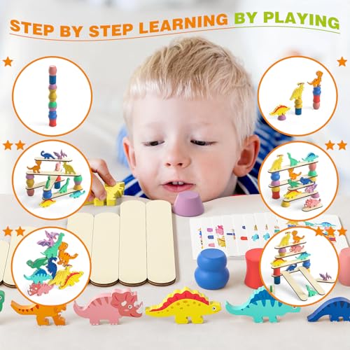 Montessori Dinosaur Toys for 1 2 3 4 Year Old Toddlers, Preschool Education Toys for Ages 2-4 Boys Girls Kids, Wooden Dinosaur Blocks Sorting & Stacking & Balance Toys, Educational Birthday Gift - Image 3