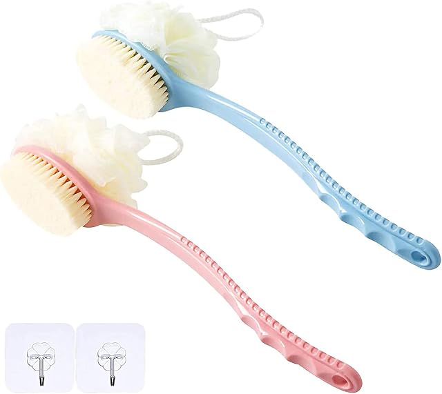 Shower Body Brush with Bristles and Loofah 2 Pack, Bamyko Back Scrubber Bath Mesh Sponge with Curved Long Handle for Skin Exfoliating Bath Shower, Suitable for Wet or Dry Brushing-(with 2 Hokks)