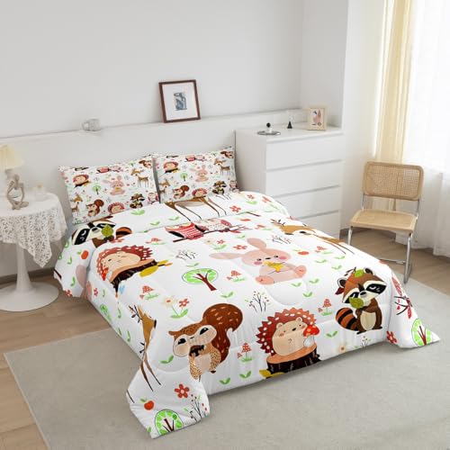 Image of Feelyou Cute Rabbit Bedding Set for Kids Toddler Queen Size Hedgehog Comforter Set Boys Girls Raccoon Owls Bedding Set Squirrel Duvet Insert 3Pcs
