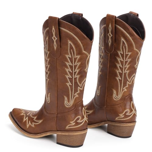 Image of Rivalran Cowboy Boots for Women - Cowgirl Boots with Embroidery, Chunky Heel Pointed Toe Pull-on Vintage Western Mid Calf Fashion Boots for Ladies