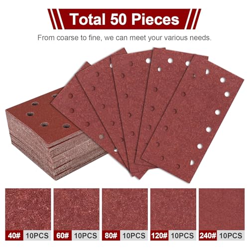 Euablfo 50 Stück Schleifpapier Set, 14 Löcher 230x115 mm Klett-Schleifblätter, 40/60/80/120/240 Körnung Rechteckiges Schleifpad für Schwingschleifer