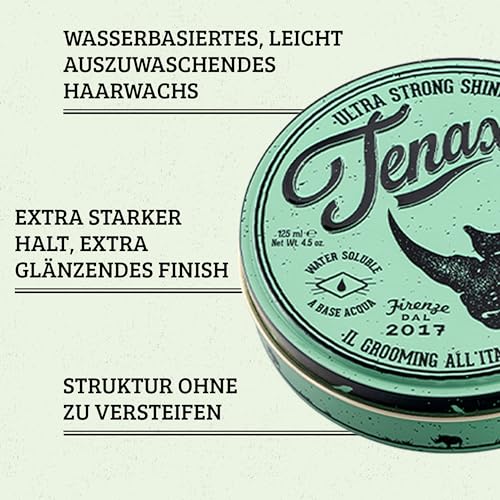 Foto von Tenax Ultra Strong Shine Pomade, 125 ml, wasserbasierte Pomade für Männer verleiht superfesten Halt & starken Glanz, leicht auszuwaschendes Haarwachs mit markantem Duft