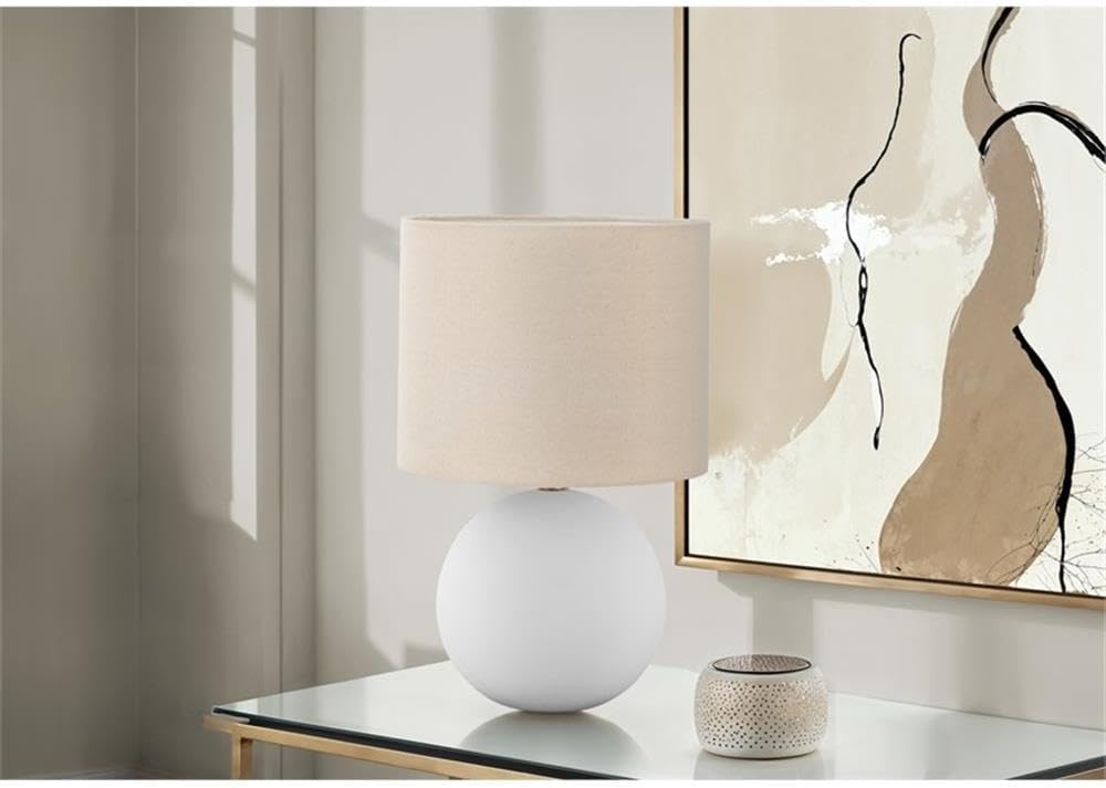 Pemberly Row 16" Globe Table Lamp, Cream Ceramic Base with Cream Fabric Drum Shade, Contemporary Design, 6ft Transparent Cord with On/Off Switch, Compact Accent Lamp for Living Room, Bedroom, or