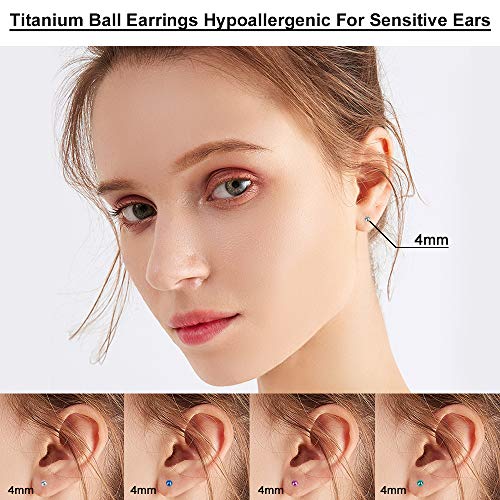 Ball Stud Titanium Earrings,Hypoallergenic for Women High Polished Colored for Sensitive Ears, 3mm and 4mm Pure Titanium Nickel-Free Lead-Free4