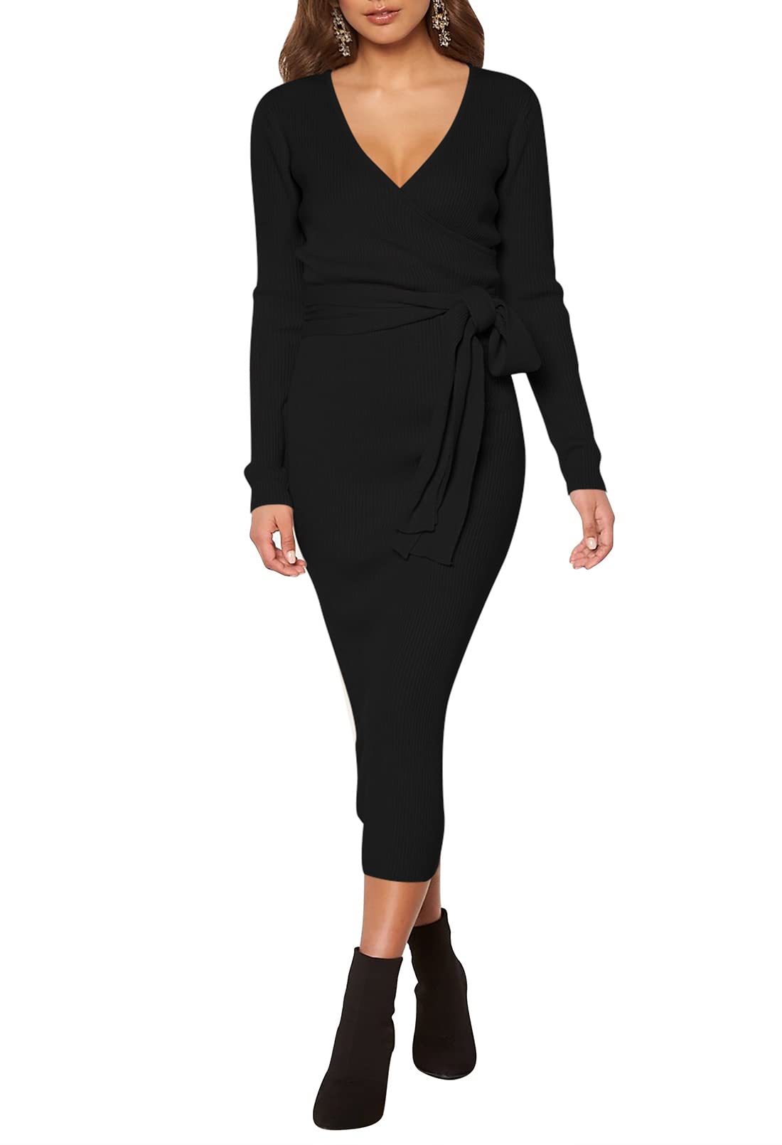 LaSuiveur Women Eleange Sweater Dress Wrap V Neck Long Sleeve Knitted Bodycon Long Dresses with Belt