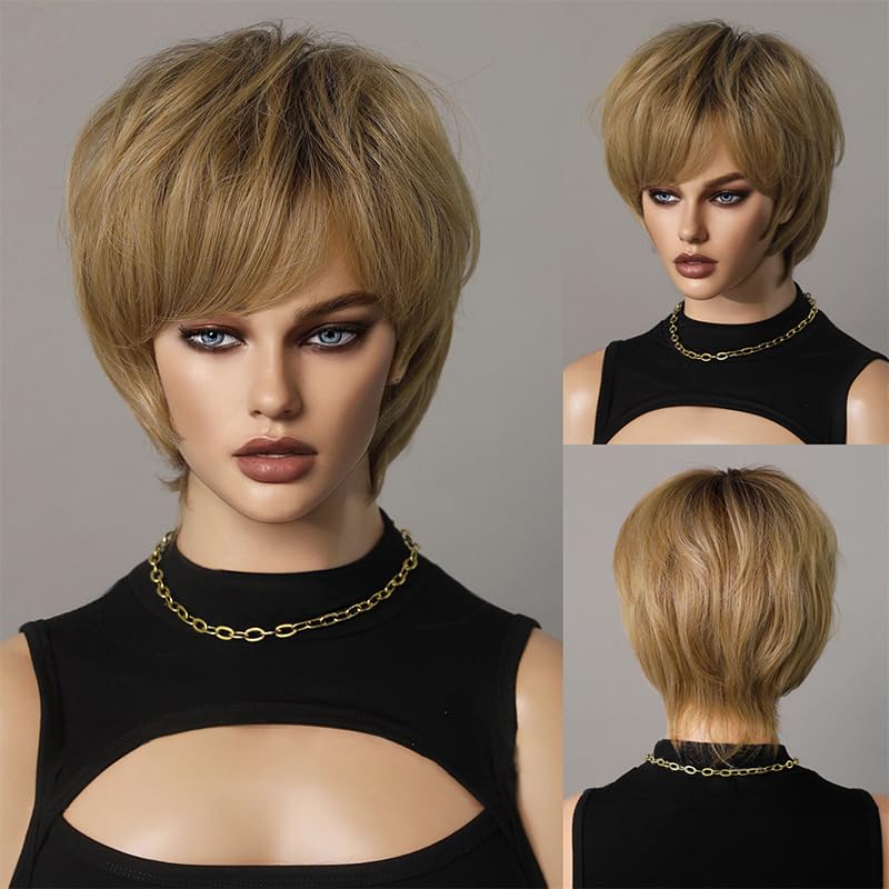Women Pixie Cut Short Human Hair Wigs Layered Lightweight Breathable Capless Glueless For Natural Look Daily Use (Honey Brown,Short) image 3