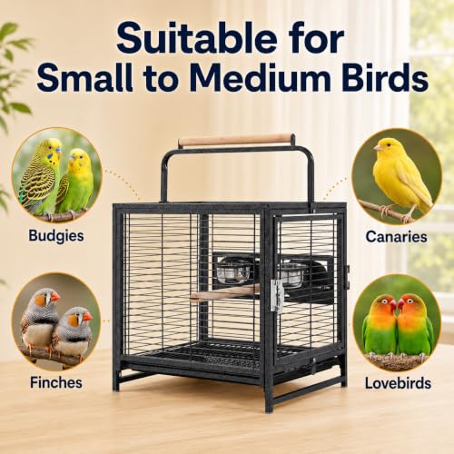 Image of Yaheetech 25.5 inch Small Bird Cage, Wrought Iron Bird Travel Cage with Wooden Perch Handle & Seed Guard for Conures, Budgies, Lovebirds & Small to Medium Birds