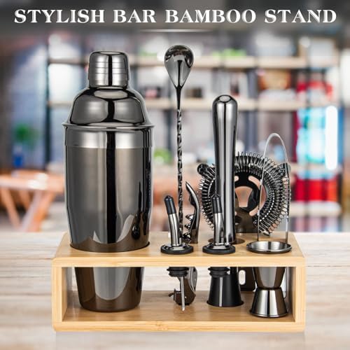 Black Cocktail Shaker Set, Premium 18/8 Stainless Steel Mixology Bartender Kit with Stylish Bamboo Stand 10-Piece Bar Tools & Accessories for Home Bar for Men, Dad, Husband - Thumbnail 4
