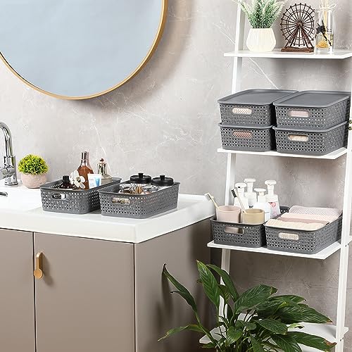 NETANY [ 12 Pack ] Plastic Storage Baskets With Lids, Small Pantry Organization, Stackable Storage Bins, Household Organizers for Cabinets, Countertop, Drawers, Under Sink or On Shelves,Gray - Thumbnail 4