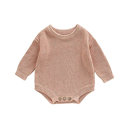 Newborn Baby Girl Boy Knit Sweater Romper Crewneck Sweatshirt Onesie Long Sleeve Warm Tops Fall Winter Clothes (Colored Pink No Hat,0-3 Months) #TOP8