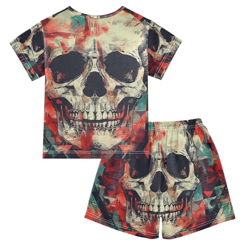 ALAZA Skull on Boho Geometric Background Pajama Set Short Sleeve Sleepwear Soft Lounge Nightwear2