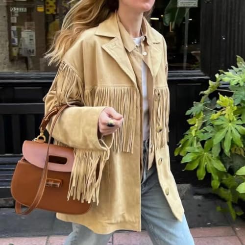 Khaki Suede Fringe Jacket Women Cowgirl Outfits Western Oversized Boho Jacket Y2k 90s Fall Aesthetic Streetwear2
