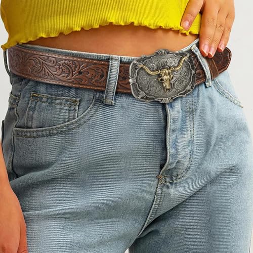 Image of Western Cowboy Belt Buckle for Men Vintage Cowboy Cowgirl Rodeo Texas Buckle Longhorn Bull Belt Buckles