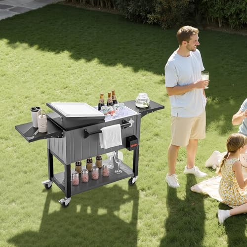 VEVOR Kühlwagen Getränkewagen 75,71 L bis zu 50 Flaschen / 110 Dosen, Beistellwagen für Terrassenpartys und Bars mit unterem Regal & Seitenregalen & Flaschenöffner & Deckel, Getränkekühler Schwarz