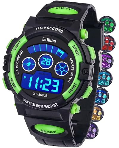 Edillas Kids Watches Boys Digital, 7 Colors LED Lights 50M Waterproof Wristwatches for Children Students Teenagers Sport Outdoor Multifunctional with Stopwatch/Alarm Ages 7-15