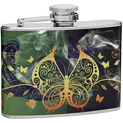 Hip Flask Gift Set with Refill Funnel and 2 Stainless Steel Shot Glasses - Beautiful Butterflies Design - 4 oz Flask, Steel Funnel and Two Stainless Steel Shot Glasses - Gift Box Included Cover