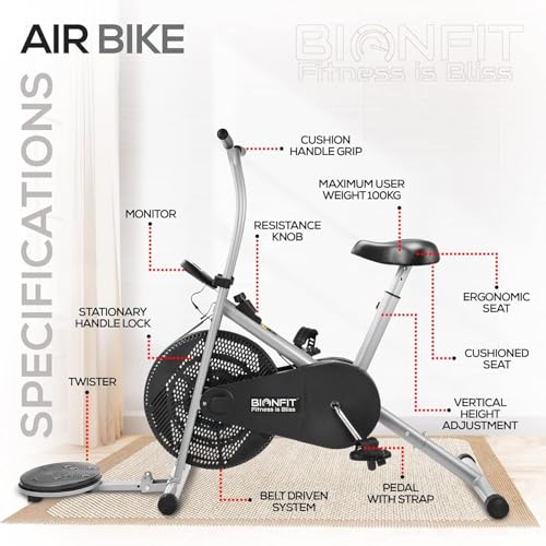 Image of BIONFIT Exercise Bike for Home Gym | Fixed Handle Gym Cycle for Men Women, Cardio Exercise with Twister, Digital Display, Max Weight: 120 Kg
