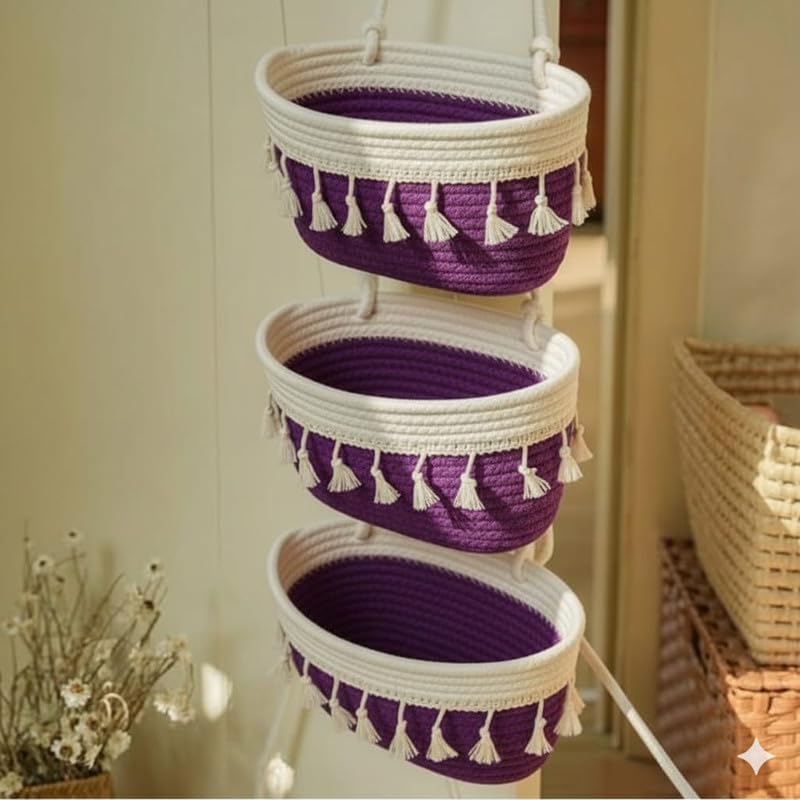 3 Tier Hanging Storage Basket Set – Cotton Rope Wall Hanging Organizer with Tassels | Multi-Purpose Decorative Storage for Kitchen, Bathroom, Bedroom | Space Saving (Purple & White, 3 Pieces