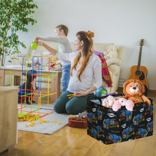 Image of Rectangular Monster Truck Storage Basket for Boys, Basket Trucks Toy Storage Bin with Handles, Collapsible Organizer Basket for Kids Bedroom, Playroom and Clothes Storage