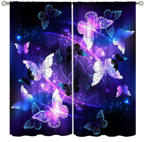 Yearn Jear Butterfly Curtains for Girls Bedroom,Purple Window Curtain Panels Drapes for Kids Bedroom Nursery Room Rod Pocket Windows Door Curtain, W72xL63in Blackout