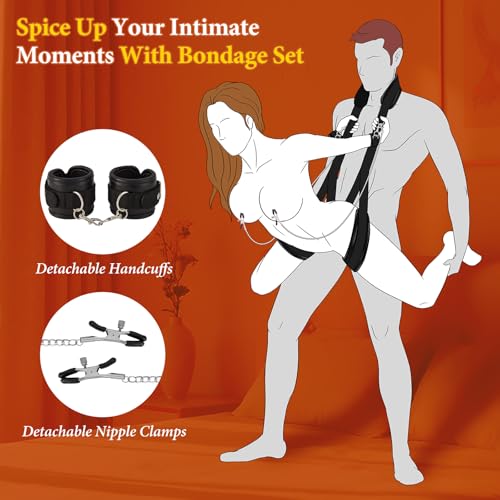 Image of Sex Bondage Restraints BDSM Kit - Leather Neck to Thigh /Ankle Sling Bed Restraints Set for Couples, Adjustable Sex Straps with Handcuffs & Detachable Nipple Clamps, Adult Sex Toys for Women Men