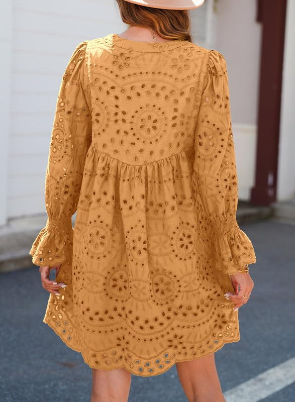 Image of Dokotoo Womens 2026 Boho Dress Tassel V Neck Long Sleeve A Line Casual Hollow Out Lace Ruffle Party Dresses
