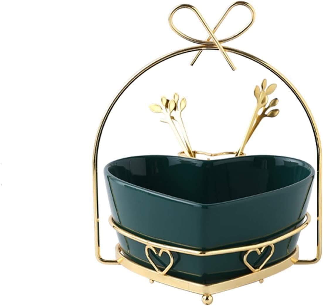 フルーツトレイ デザートプレート 金属製 45cm ゴールド縁取り 野菜収納 スナックキャンディトレイ 誕生日 ウェディングパーティ グリッドスナックトレイ  キャンディ ナッツ シード プレート ガラス ドライフルーツ 皿 ホーム メタルサービングスナックプレート付 ドライ ... フルーツトレイライト高級モダンなハート型のセラミックボウルが付いている金属のスタンドとフォークドライフルーツキャンディーの貯蔵容器