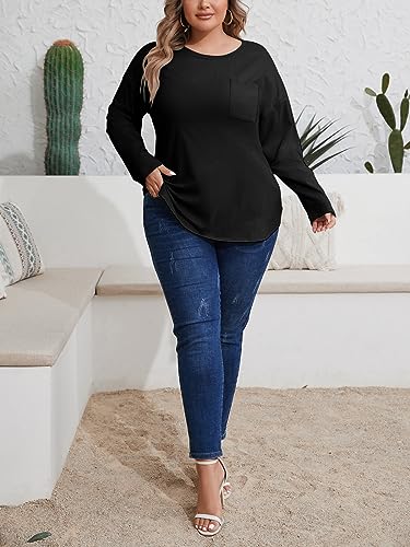 Wihion Women Oversized Long Sleeve T-Shirts Cotton Casual Crewneck Solid Tunic Tops with Pocket4