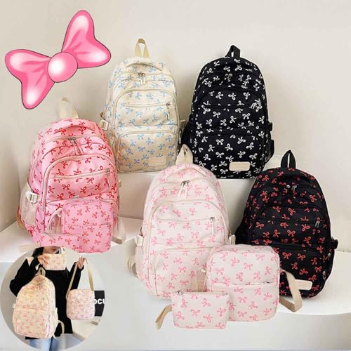 3Pcs Set Bow Backpack for Girls, Aesthetic Cute Bow Backpack Set Daypack Rucksack Large Capacity, Cute Daypack Rucksack for Travel with lunchbox (Blue)2